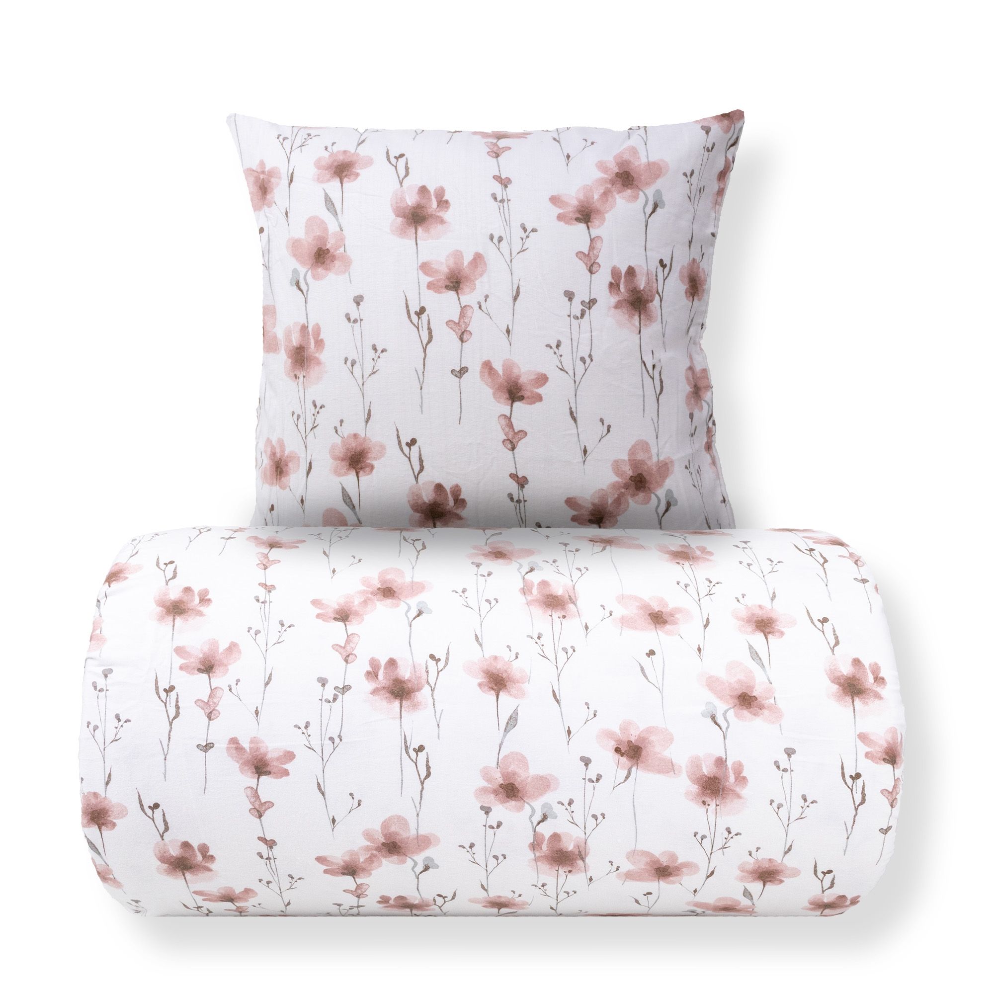 Sengetøj - Bomulds flonel - Hvid med rosa blomster