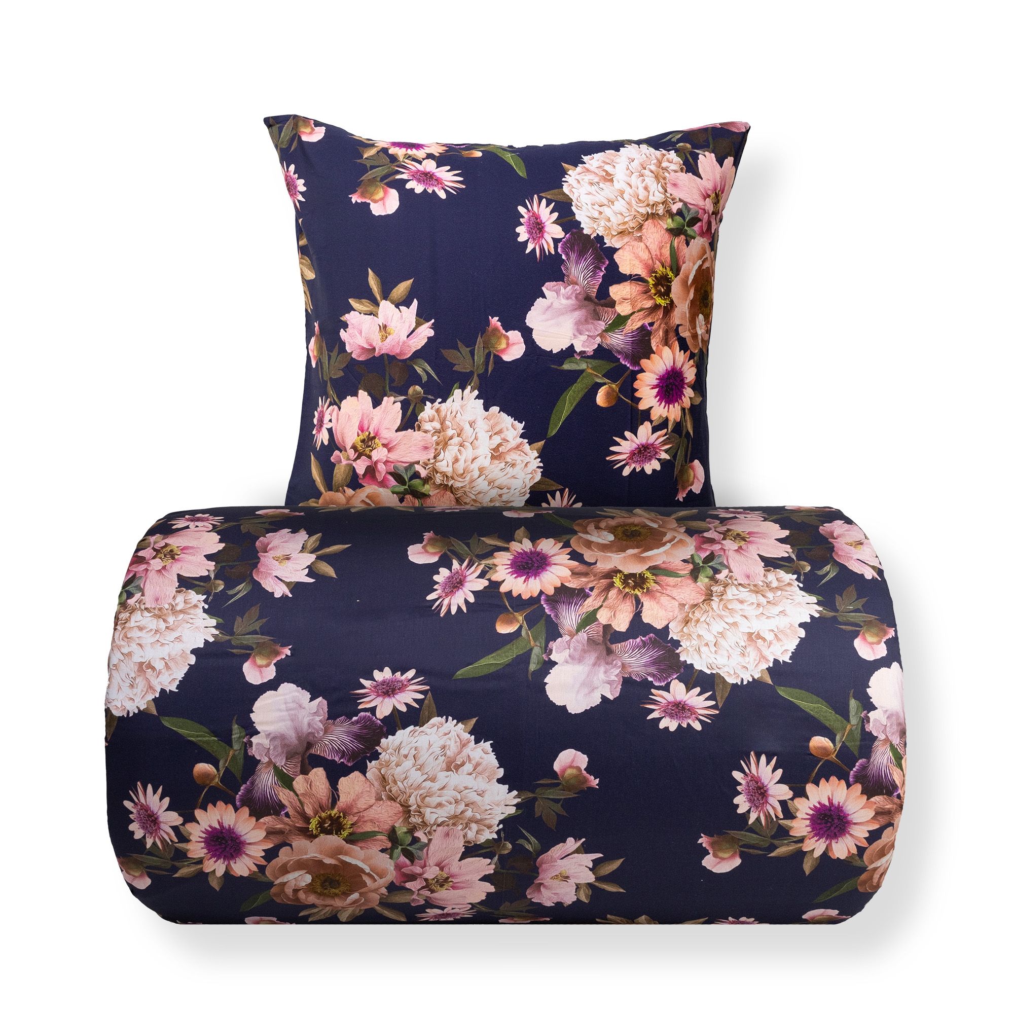 Sengetøj - Bomuldssatin - Vendbart mørkeblåt blomster sengetøj