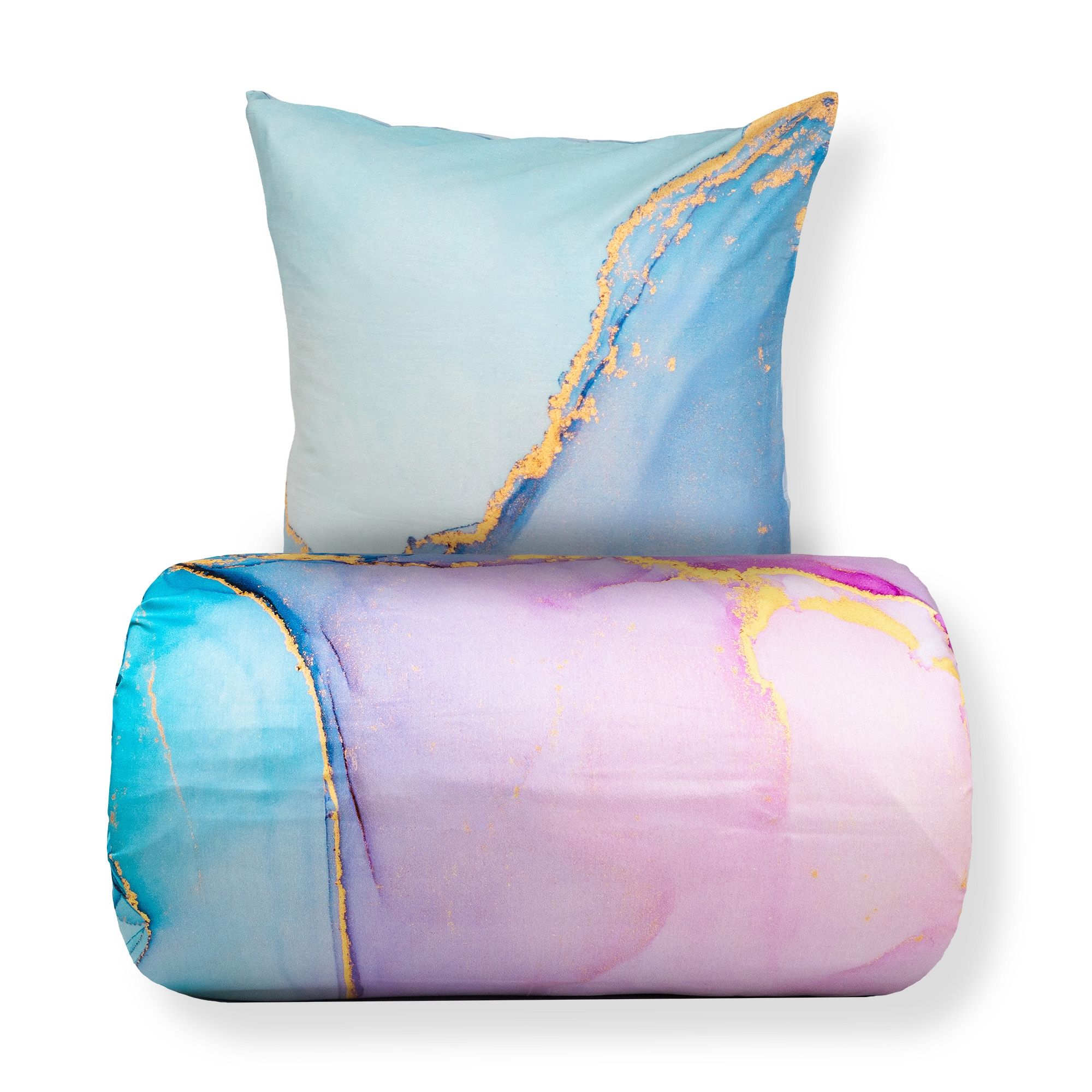 Sengetøj - 100% Bomuldssatin - Vendbart blåt marmoreret design