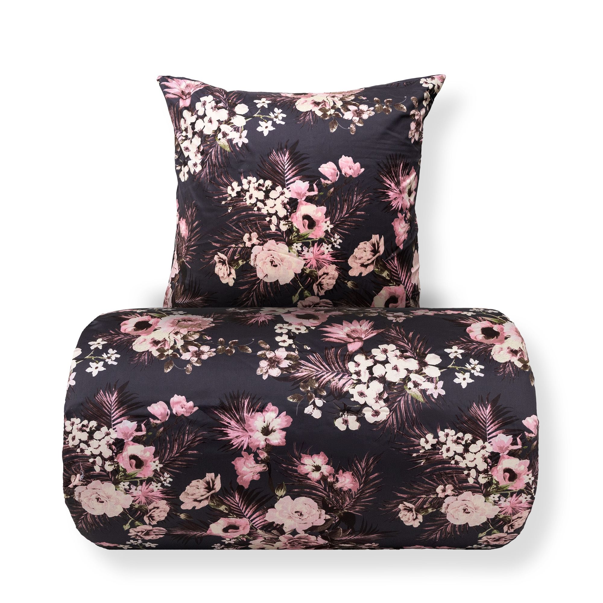 Sengetøj 150x210 cm - 100% bomuldssatin - Vendbart gråt blomster print og prikker