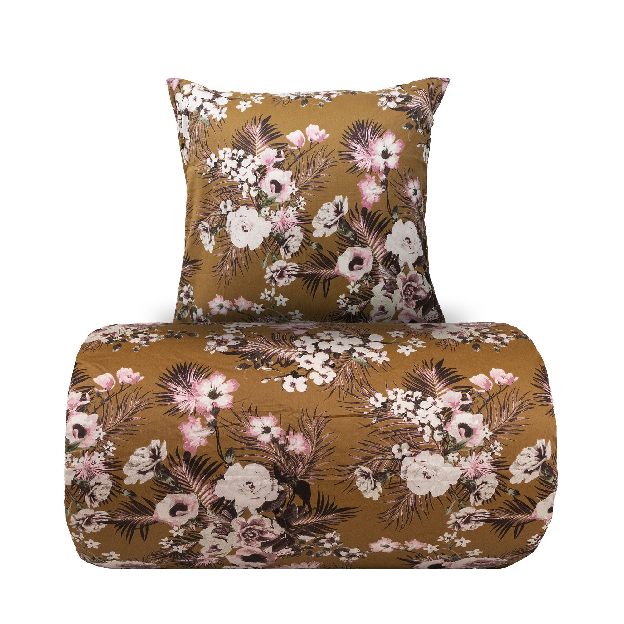 Sengetøj - Bomuldssatin - Vendbart karrygult blomster print og prikker