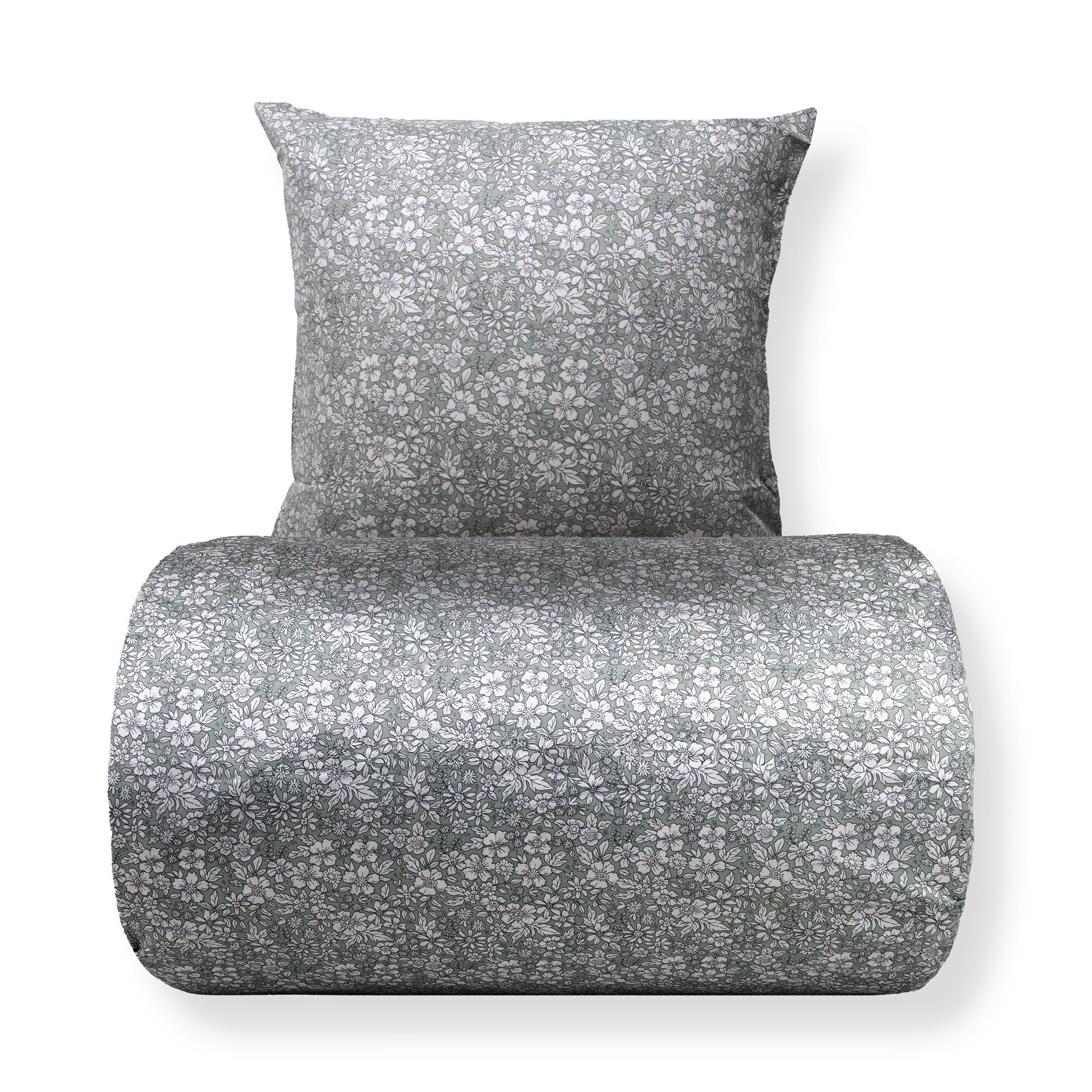 Sengetøj 150x210 cm - bomuldssatin - Støvet grønt blomster print