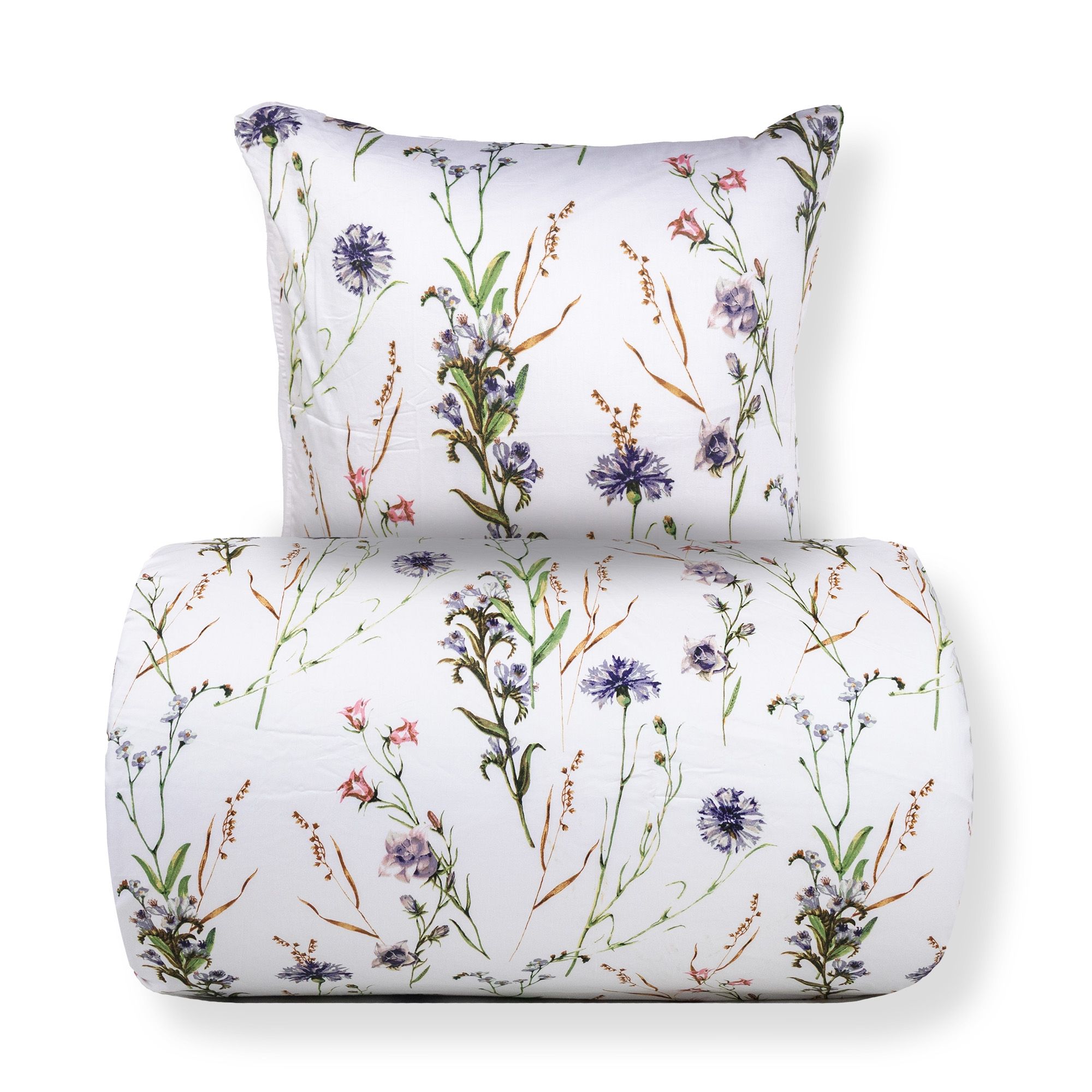 Sengetøj - Bomuldssatin - Corn Flower white - Vendbart blomster print