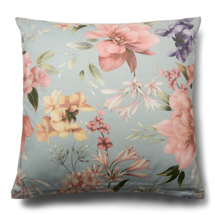 Blomstret pudebetræk 60x63 cm - 100% Blødt bomuldssatin - Lyseblå - By Night - Summer Bloom