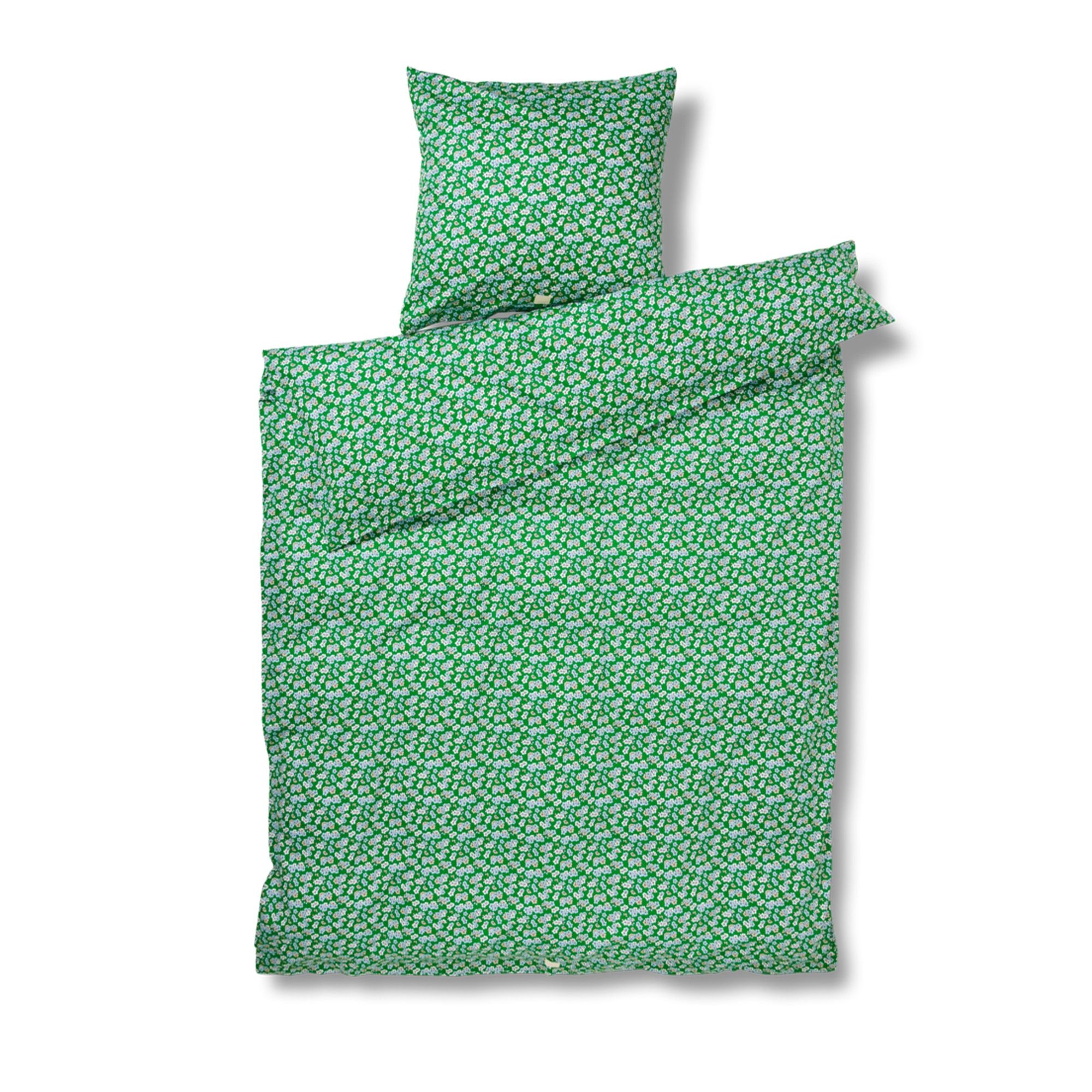 JUNA sengetøj 140x220 cm - 100% økologisk bomuldssatin - Pleasantly grøn med blomster billede
