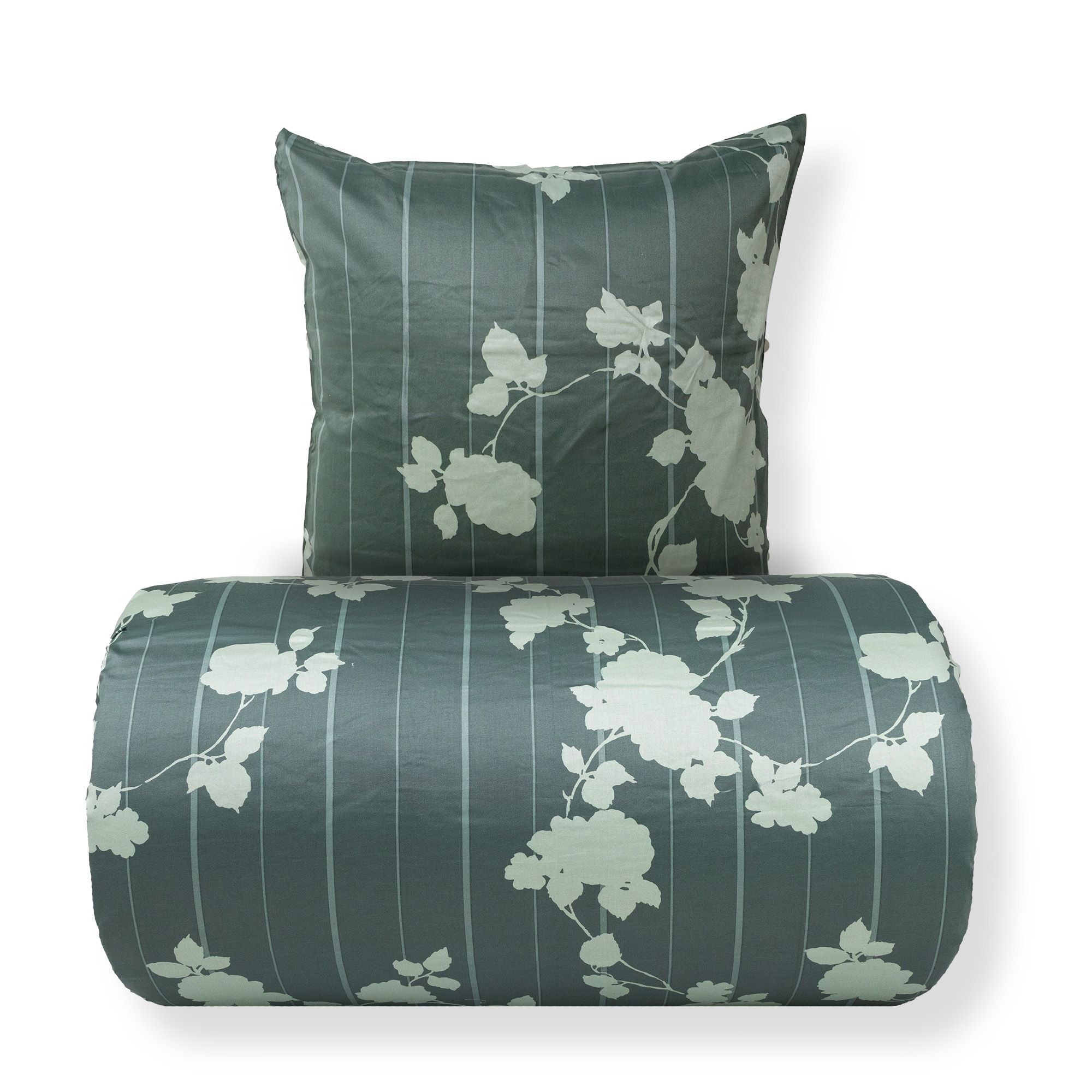 Sengetøj - 100% bomuldssatin - Rosenbloom - Grønt blomstret og stribet print