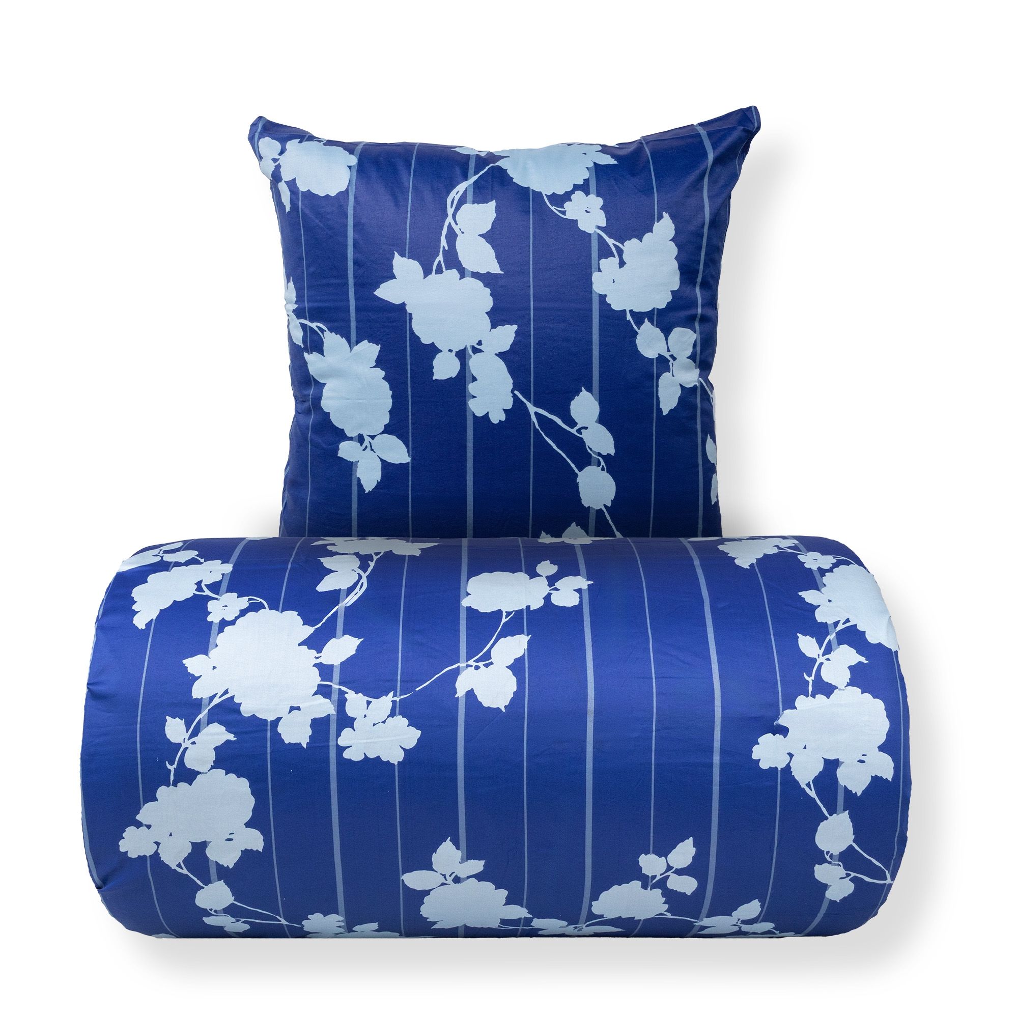 Sengetøj - 100% bomuldssatin - Rosenbloom - Blåt blomstret og stribet print