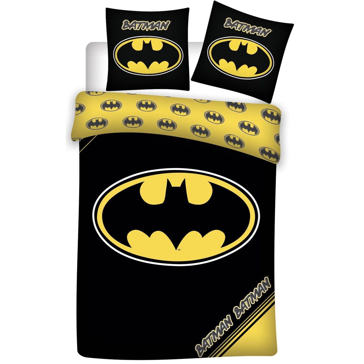 Batman sengetøj - 140x200 cm - Batman logo og små emblemer - 2 i 1 sengesæt - 100% bomuld billede