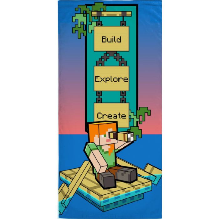Minecraft håndklæde - 70x140 cm - Build Explore Create - 100% bomuld - Blødt badehåndklæde med Alex