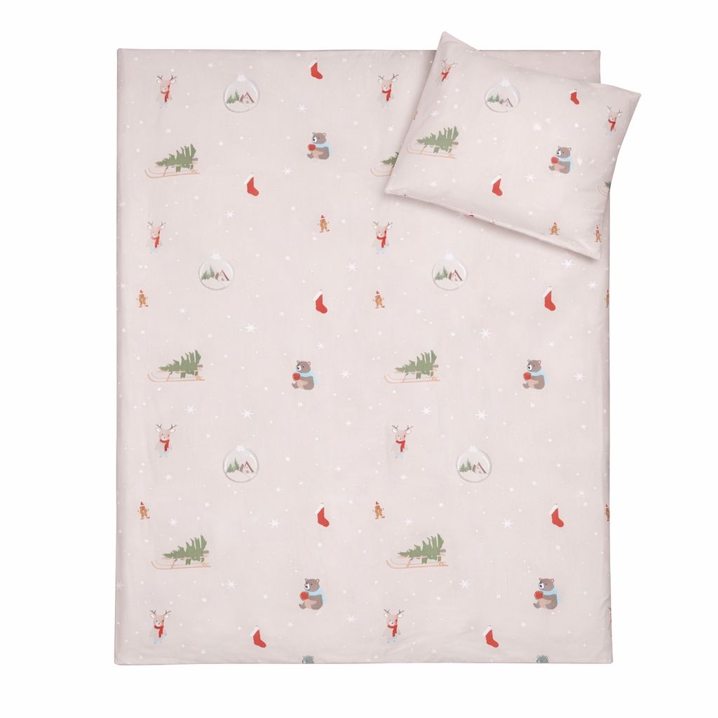 Julesengetøj - 100% bomuld - Junior sengetøj 100x140 cm - Beige med juleikoner billede