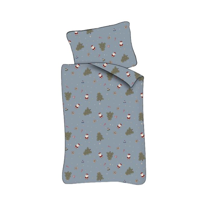 Junior julesengetøj 100x140 cm - Blåt jule sengesæt med julemand og juletræer - 100% blødt bomulds sengelinned
