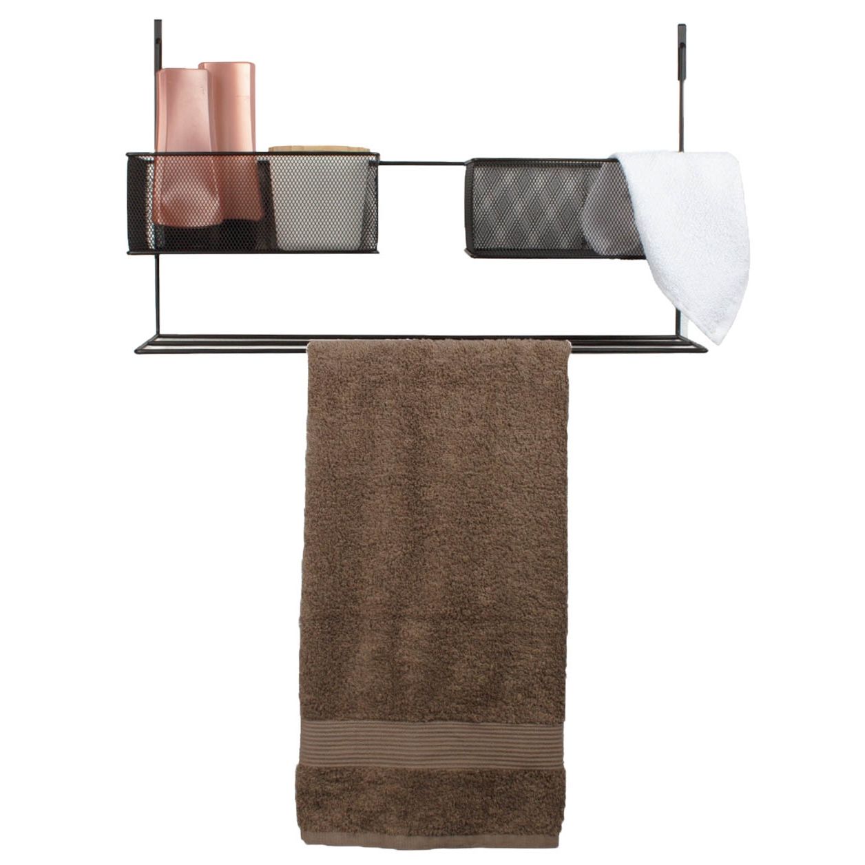 Hængeopbevaring - Smart opbevaring - Sort metal ophæng til dør med 2 kurve - Trådkurv billede