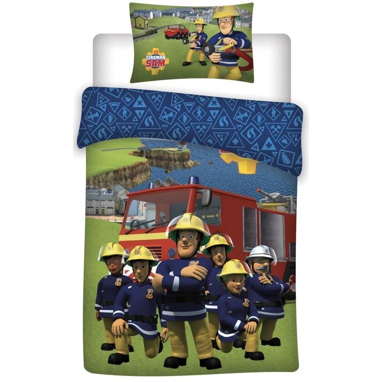 Sengetøj 140x200 cm - Brandmand Sam og venner - Vendbart sengesæt i 100% bomuld billede