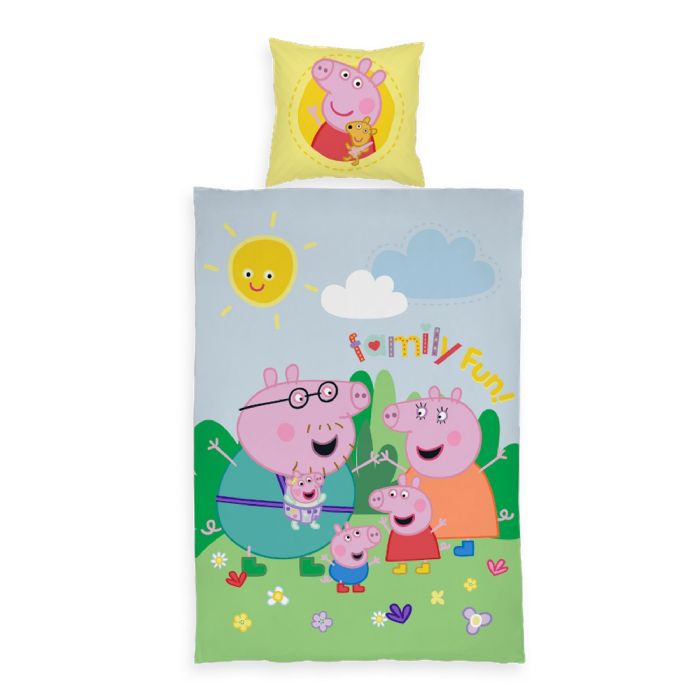 Junior sengetøj 100x140 cm - Vendbart sengesæt med Gurli Gris, Gustav Gris og Evie Gris - 100% bomulds sengelinned