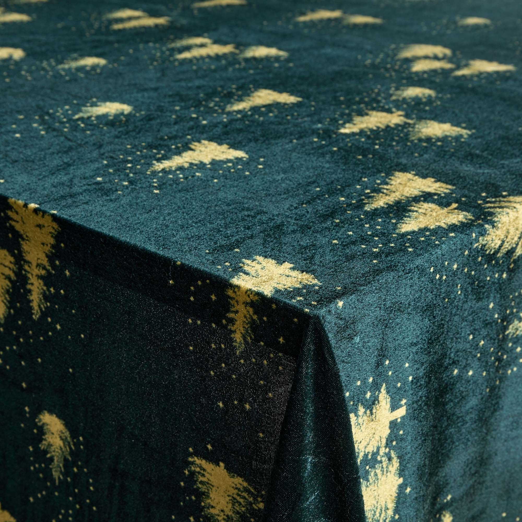 Velour dug - Mørkegrøn juledug med guld træer - Nervøs velour dug - Pakke med 3 meter billede