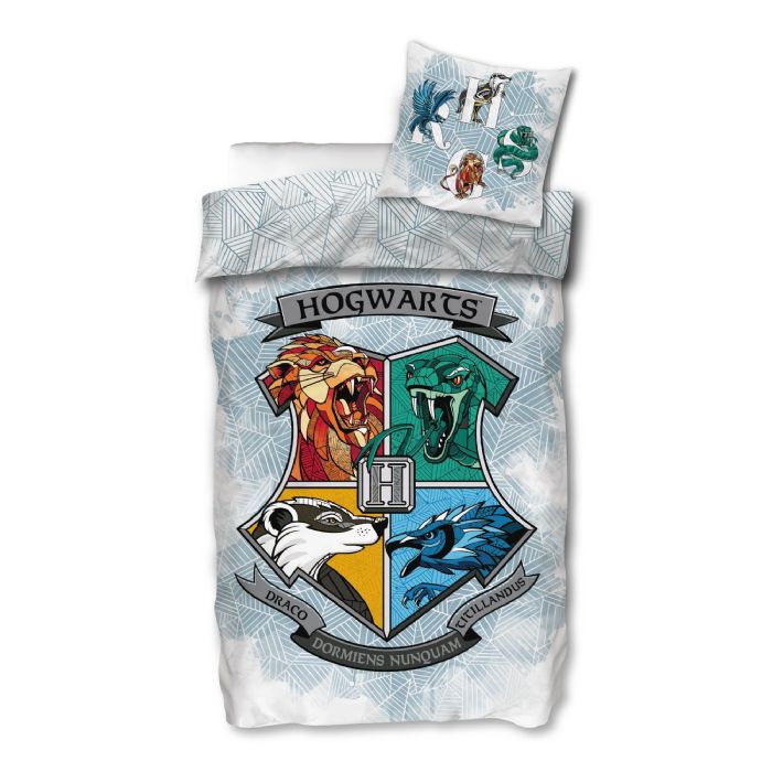 Harry Potter sengetøj 140x200 cm - Sengesæt med logo af Hogwarts - 2 i 1 -  Dynebetræk i 100% bomuld