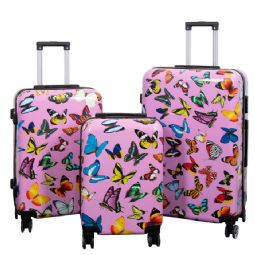 Kuffertsæt - 3 stk. - Kuffert med motiv - Pink med sommerfugle - Hardcase letvægt kuffert