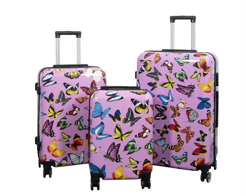 Billede af Kuffertsæt - 3 Stk. - Kuffert med motiv - Pink med sommerfugle print- Hardcase letvægt kuffert med 4 hjul hos Shopdyner.dk