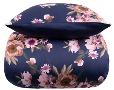 Blomstret sengetøj - Dark blue flower - 2 i 1 design - Sengesæt i 100% Bomuldssatin - Excellent By Borg