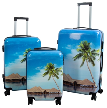 Billede af Kuffertsæt - 3 Stk. - Kuffert med motiv - Strand og palmer - Hardcase letvægt kuffert med 4 hjul