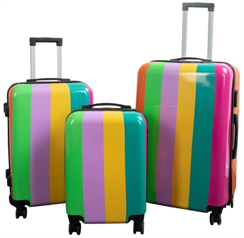 Billede af Kuffertsæt - 3 Stk. - Kuffert med motiv - Regnbue striber - Hardcase letvægt kuffert med 4 hjul