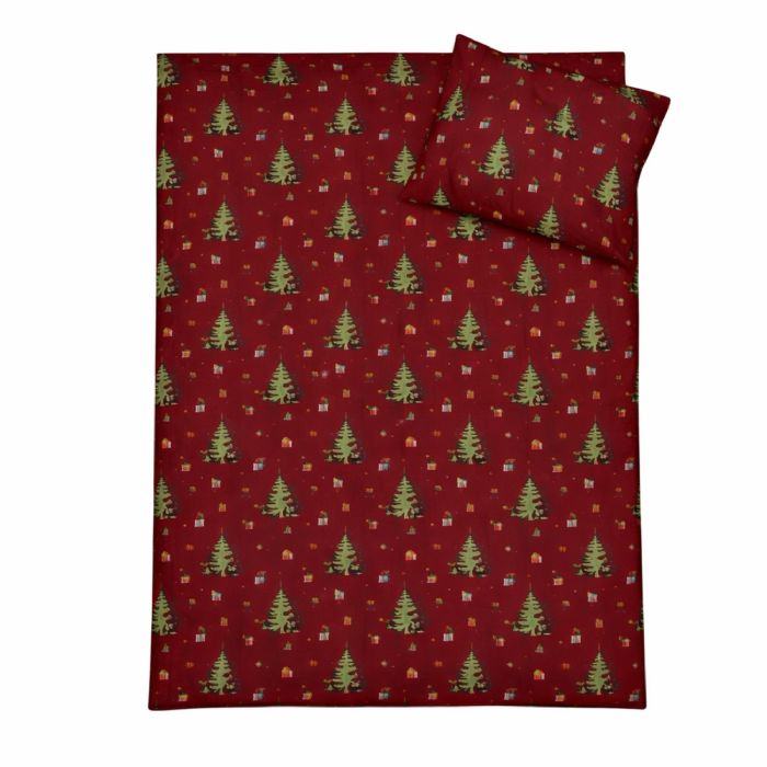 Julesengetøj - 100% bomuld - Junior sengetøj 100x140 cm - Rødt med julemus som pynter op til jul