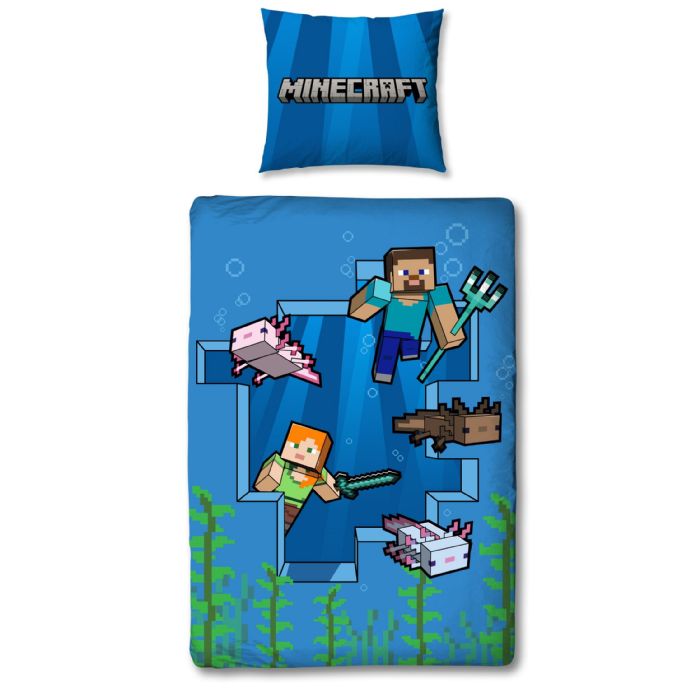 Minecraft sengetøj - 150x210 cm - Alex og Steve - Sengesæt med 2 i 1 design - 100% bomuld 