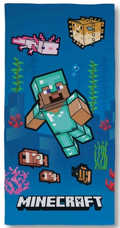 Minecraft badehåndklæde - 70x140 cm - Blå børnehåndklæde med Minecraft figurer - 100% Bomuld