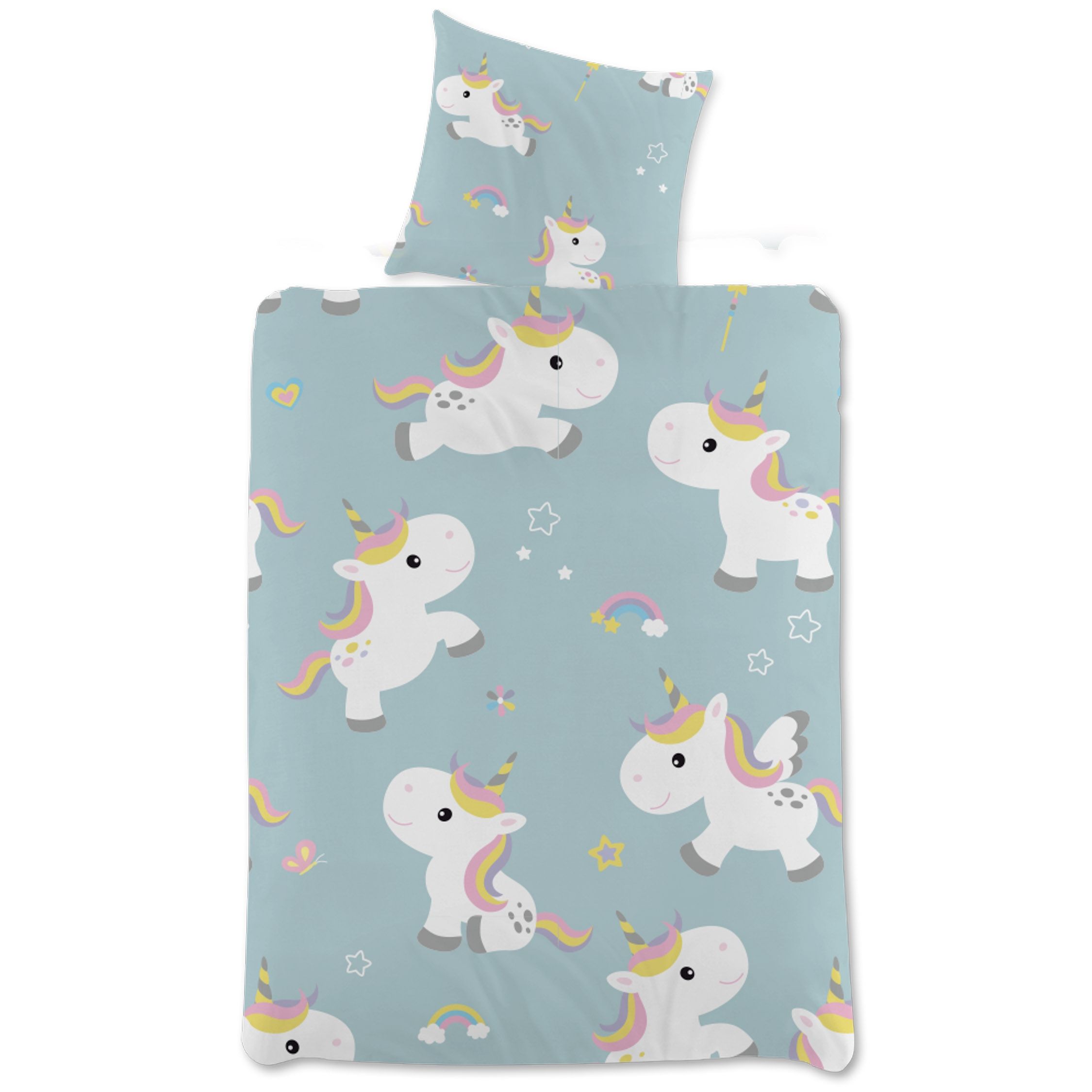 Enhjørning sengetøj - 140x200 cm - Unicorn og regnbue børnesengetøj - Vendbart sengesæt i 100% bomuld billede