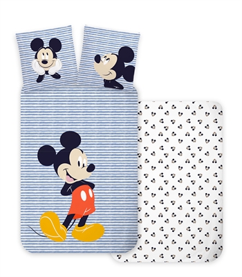 Se Juniorsengetøj 100x140cm - Stribet Mickey Mouse sengesæt - 100% bomuld hos Shopdyner.dk