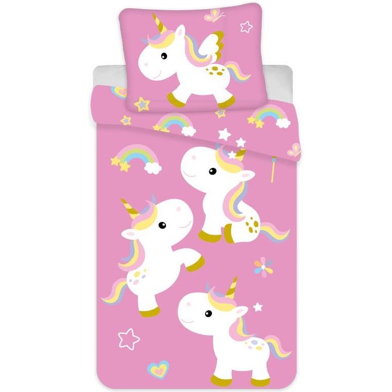 Enhjørning sengetøj - 150x210 cm - Unicorn børnesengetøj - 2 i 1 design - Sengesæt i 100% bomuld billede