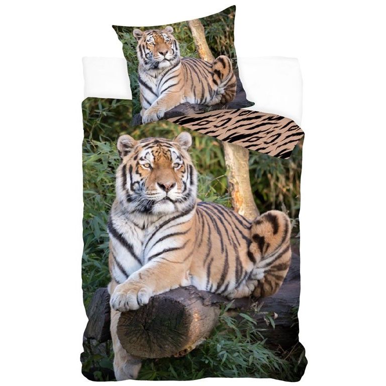Sengetøj 140x200 cm - Tiger sengesæt med 2 i 1 design - Sengelinned i 100% bomuld billede