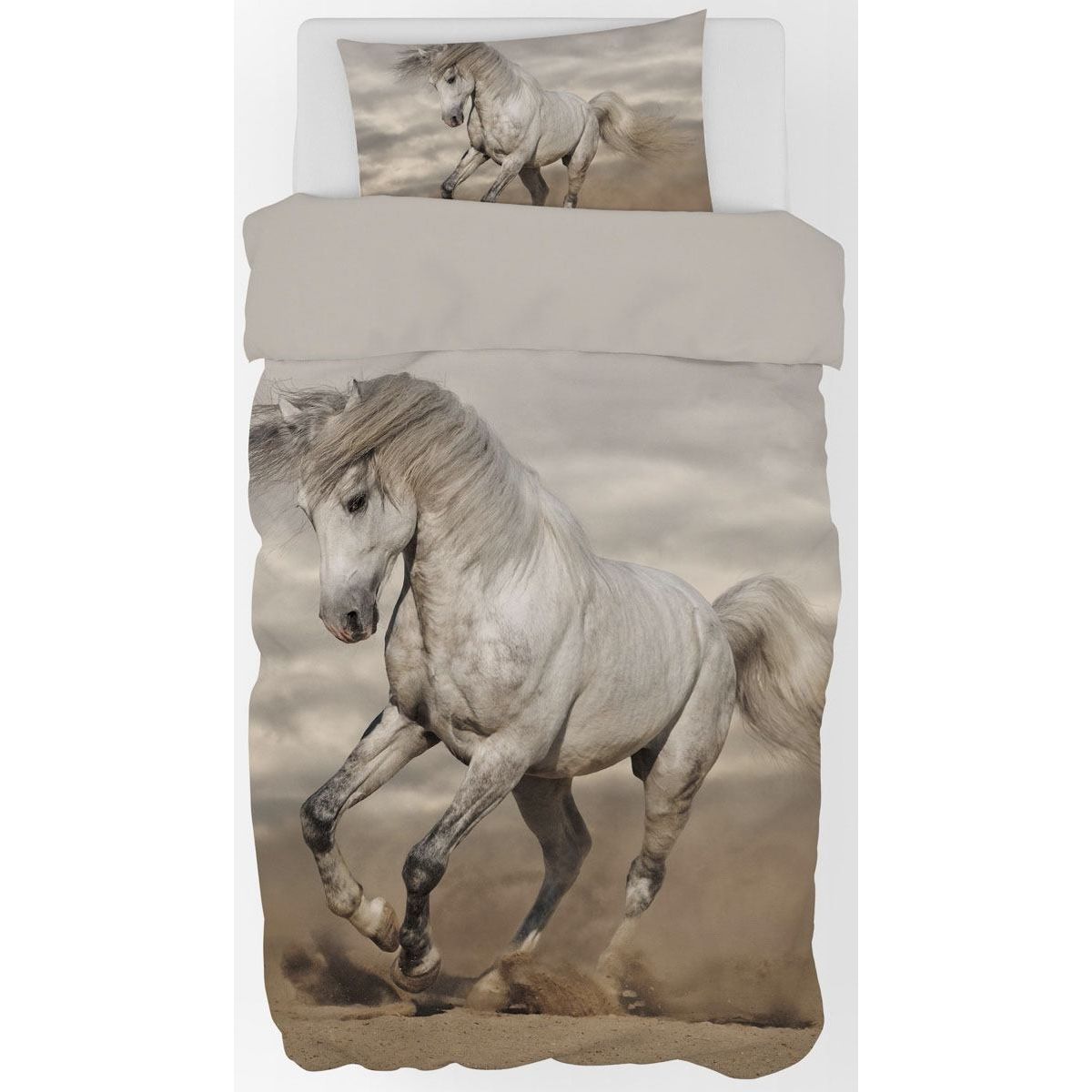 Heste sengetøj - Stor hvid hest - Vendbart sengesæt - 100% bomulds sengelinned