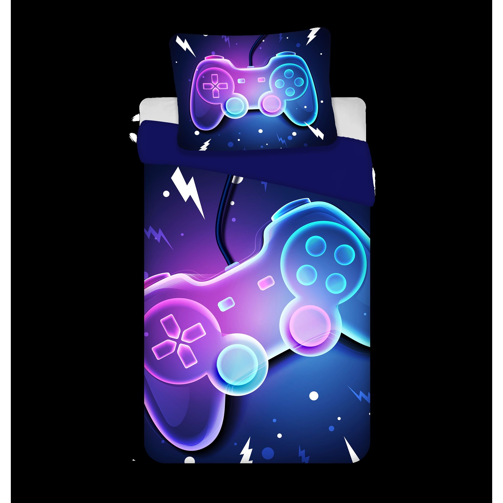 Gamer sengetøj 140x200 cm - Blåt vendbart sengesæt med controller - 100% blødt bomulds sengelinned billede