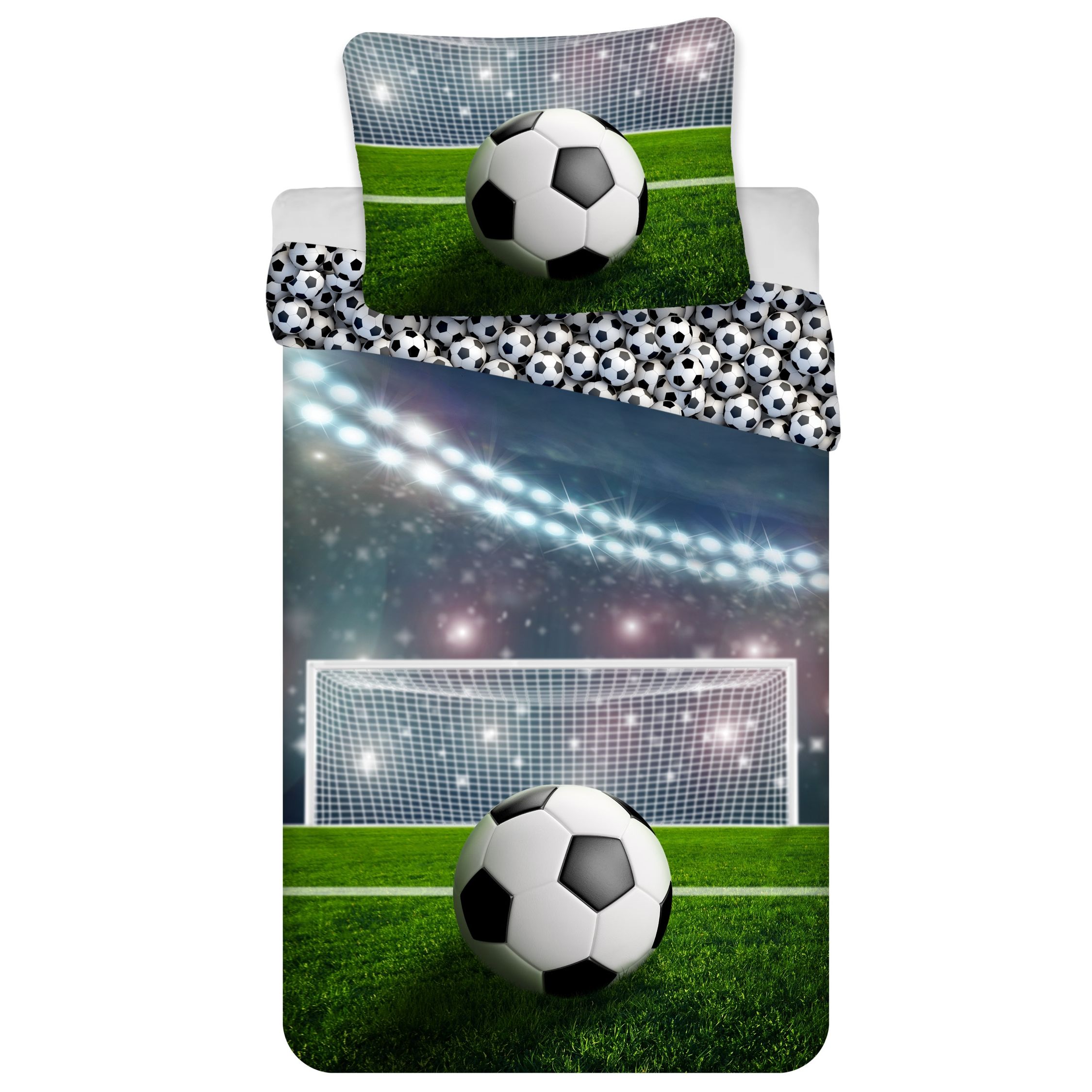 Junior sengetøj 100x140 cm - Vendbart fodbold sengesæt med straffespark - 100% blødt bomulds sengelinned billede