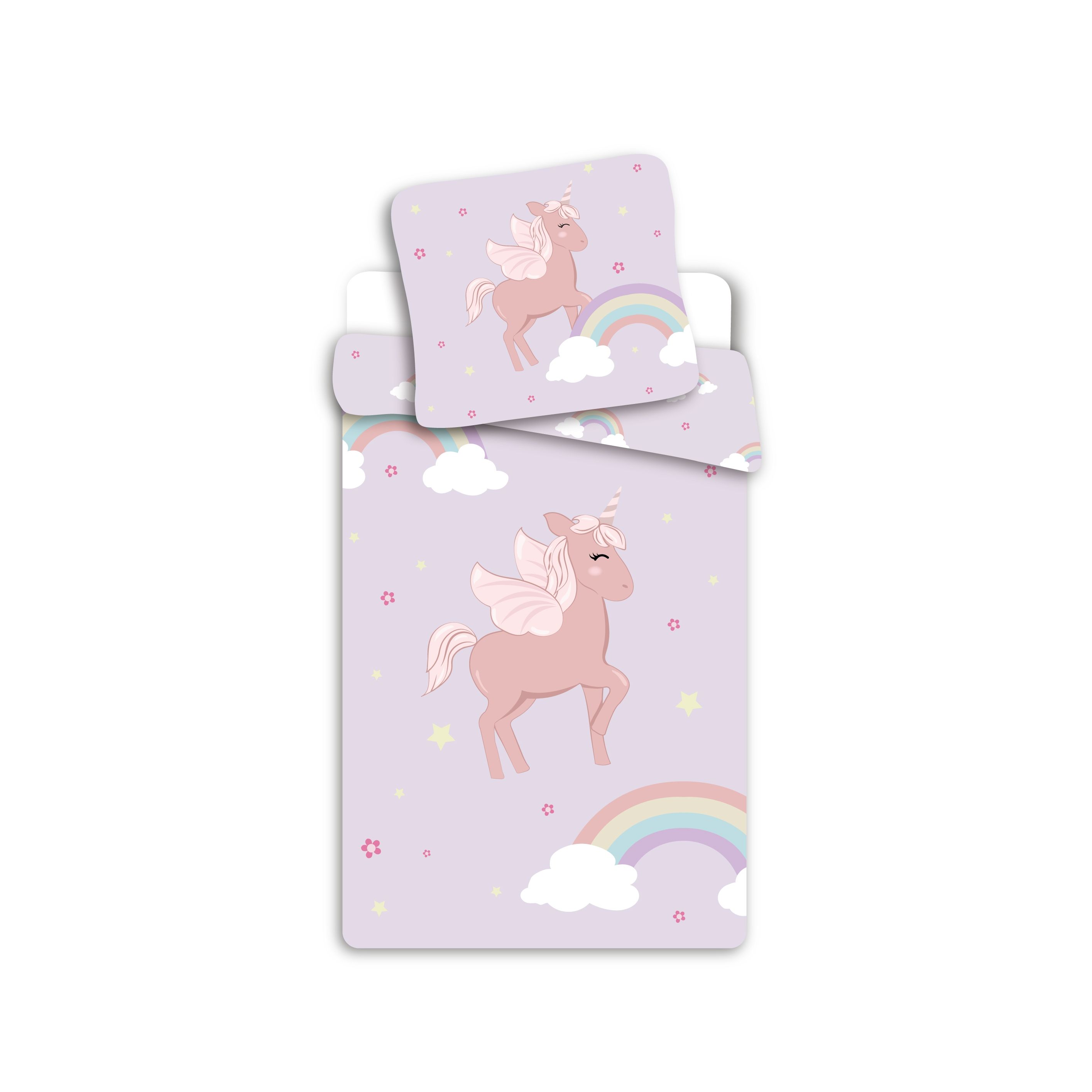 Børnesengetøj 140x200 cm - Lilla vendbart sengesæt med enhjørning og regnbuer - 100% blødt bomulds sengelinned billede