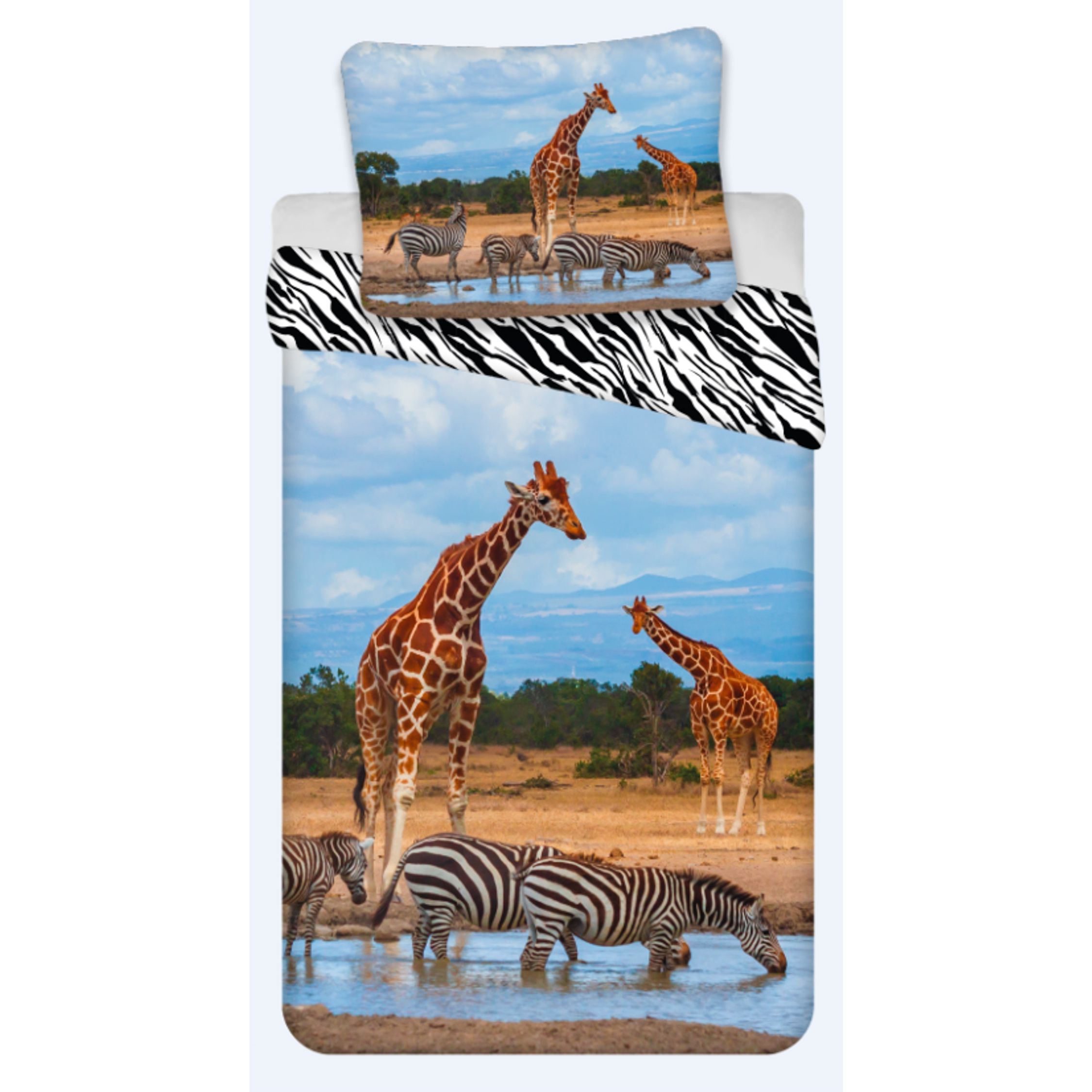 Sengetøj 140x200 cm - Savannens dyr - Giraffer og zebraer på savannen - Vendbart sengesæt - 100% Bomuld - Børne sengetøj billede