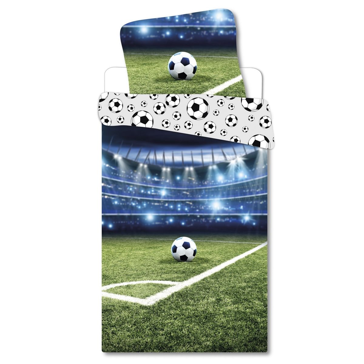 Fodbold sengetøj - 140x200 cm - Stadion og fodbold motiv - Dynebetræk med vendbart design - 100% bomulds sengesæt billede