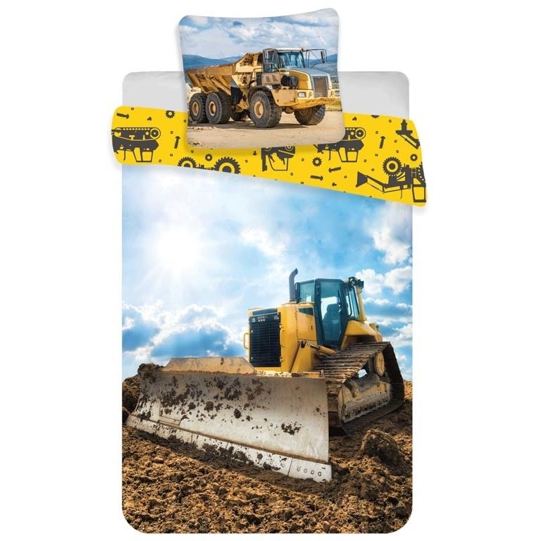 Junior sengetøj 100x140 cm - Bulldozer - Sengesæt med gravemaskine - 2 i 1 design - 100% bomuld billede