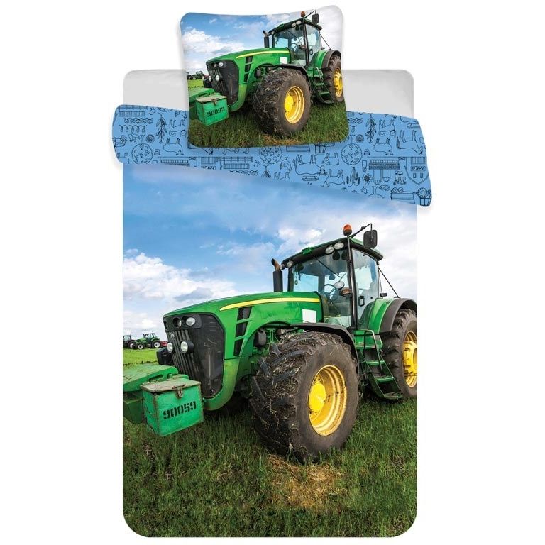 Junior sengetøj 100x140 cm - Vendbart sengesæt med en grøn traktor - 100% blødt bomulds sengelinned billede