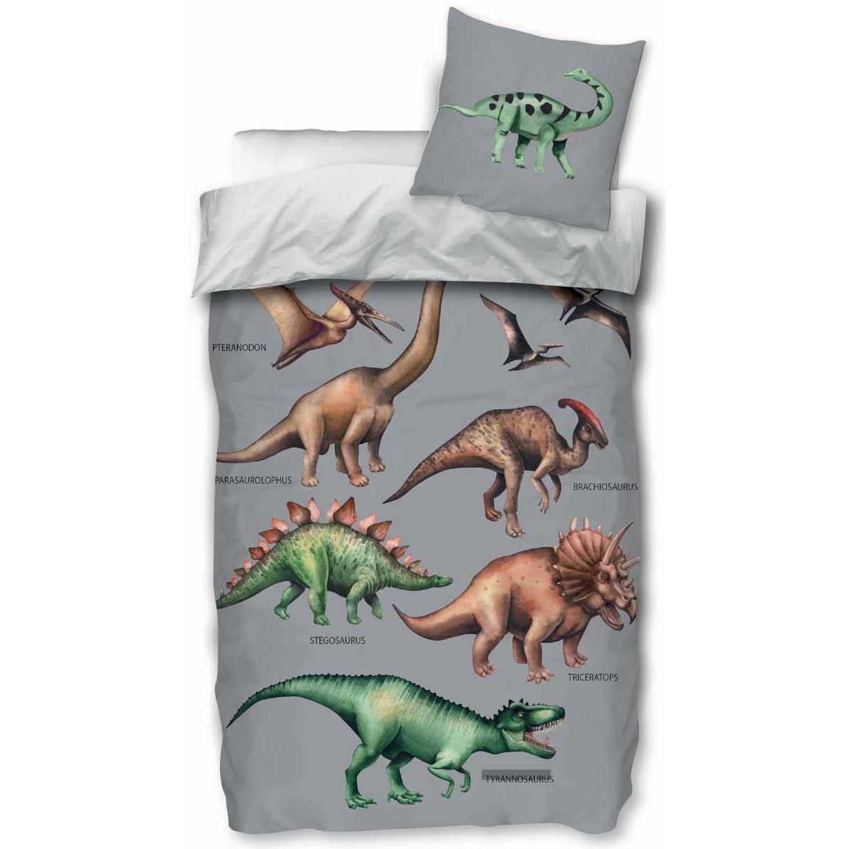 Dinosaur sengetøj - 140x200 cm - Vendbart dino sengesæt - Motiv med T-rex, Triceratops og Stegosaurus - 100% bomuld - Børnesengetøj billede