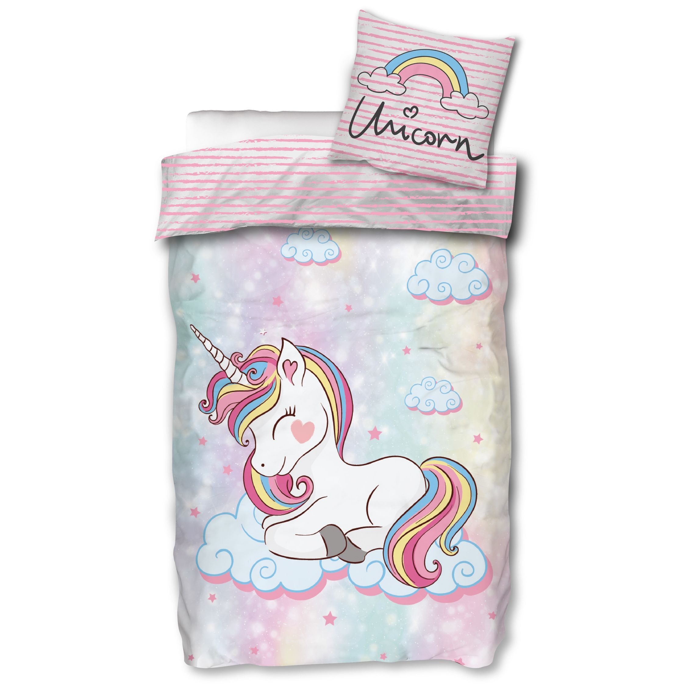 Enhjørning sengetøj - 150x210 cm - Sovende enhjørning på skyer - 100% bomulds sengesæt billede