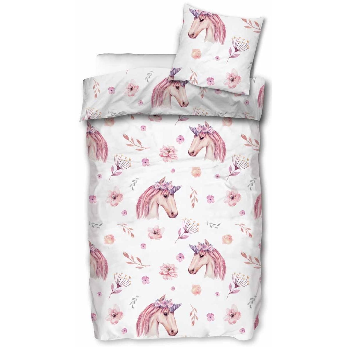 Unicorn sengetøj - Sengesæt med enhjørning og blomster - 100% bomulds sengelinned