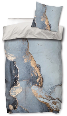 Bomuldssatin sengetøj 140x200 cm - Marmor Blå & Guld - Blåt sengetøj 