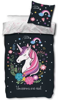 Unicorn sengetøj - 150x210 cm - Selvlysende sengetøj med enhjørning - 100% bomulds sengesæt