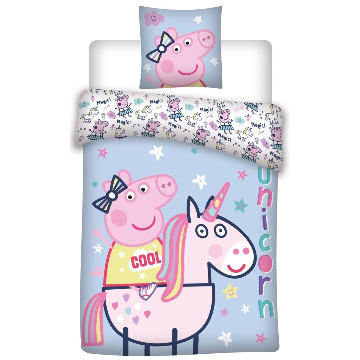 Gurli Gris sengetøj - 140x200 cm - Gurli Gris på enhjørning sengesæt - 2 i 1 design - Sengelinned i 100% bomuld billede