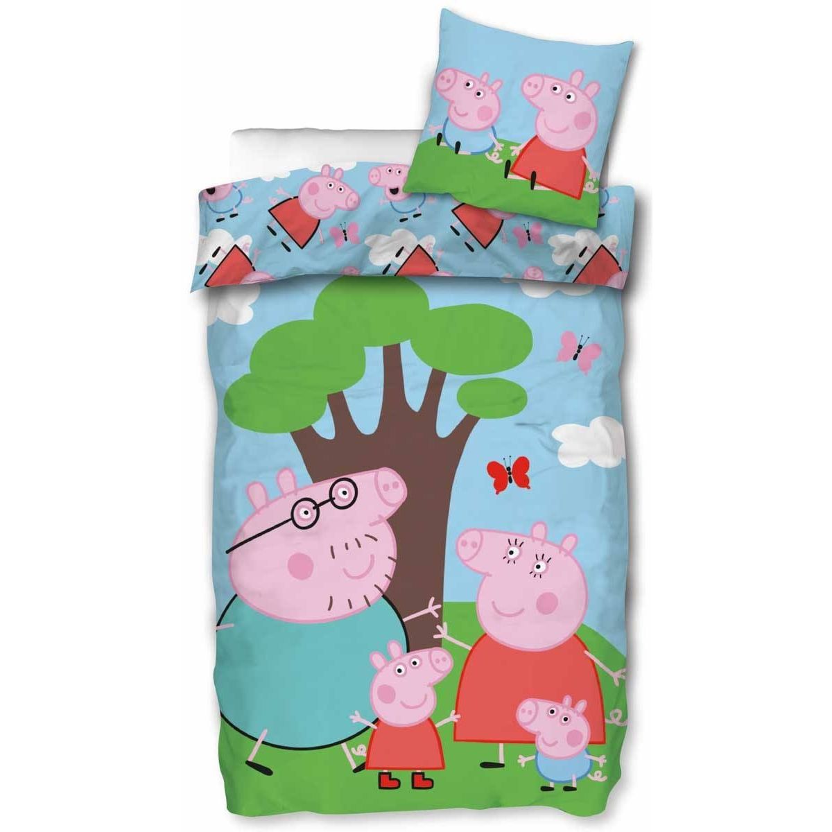 Gurli Gris sengetøj - Familien Gris under træet - Vendbart dynebetræk med Gustav Gris, Far Gris, Mor Gris og Gurli Gris - 100% bomulds sengesæt