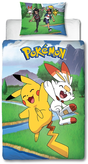 Billede af Pokemon sengetøj - 140x200 cm - Scorbunny, Hau, Pikachu og Ash - 2 i 1 sengesæt - Dynebetræk i 100% bomuld hos Shopdyner.dk