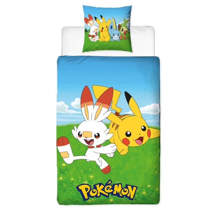 Pokemon sengetøj - 140x200 cm - Pikachu og Scorbunny - 2 i 1 sengesæt - Dynebetræk i 100% bomuld