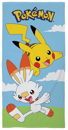 Pokemon håndklæde - 70x140 cm - Børnehåndklæde med Pikachu og Scorbunny - Badehåndklæde 100% Bomuld